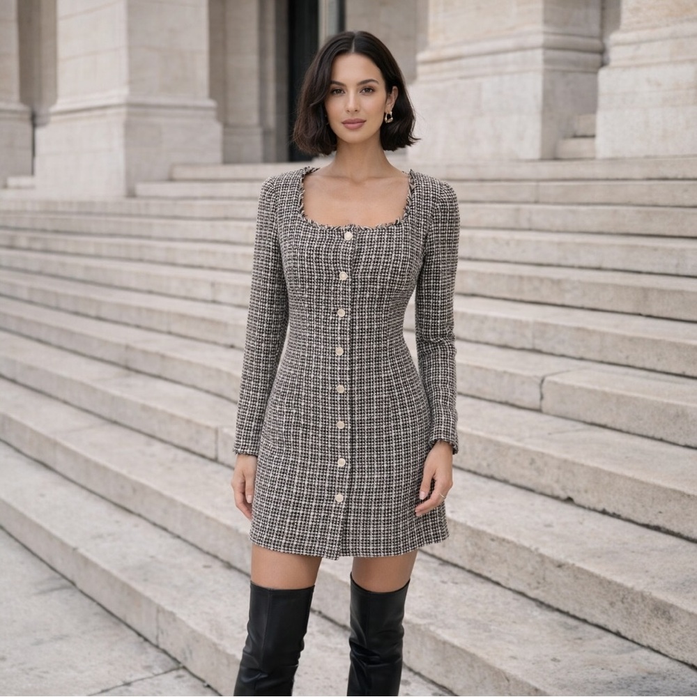 Sz 2 Melonie T Long Sleeve Tweed Button Up Dress NWT $89 MSRP